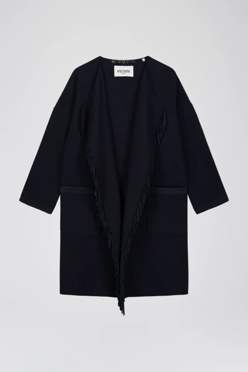 Manteau croisé en double face crêpe avec franges en daim