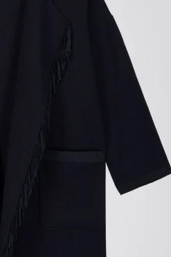 Manteau croisé en double face crêpe avec franges en daim
