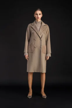 Manteau long brodé taupe moyen