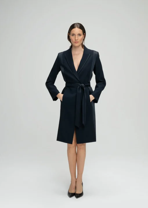 Manteau long en crêpe envers satin marine
