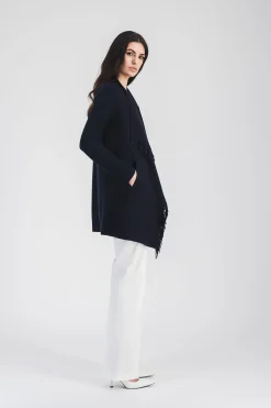 Manteau marine bi-matière et franges en daim