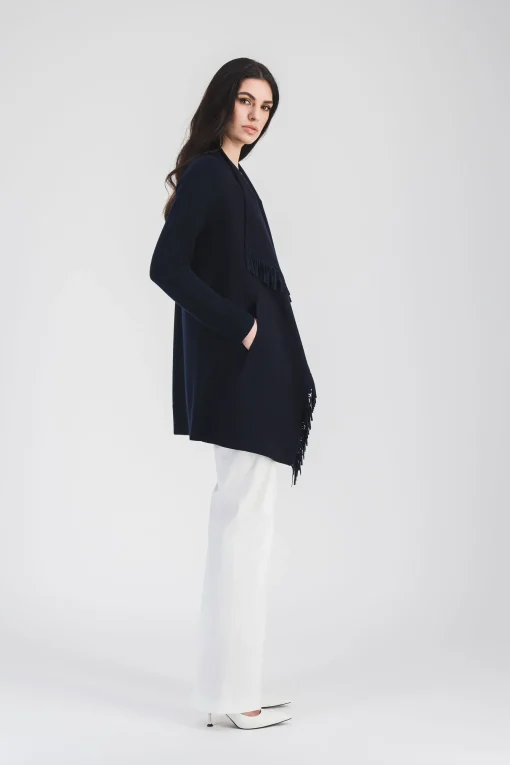 Manteau marine bi-matière et franges en daim