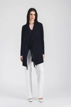 Manteau marine bi-matière et franges en daim