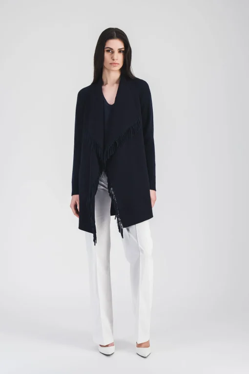 Manteau marine bi-matière et franges en daim