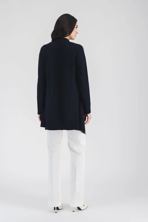 Manteau marine bi-matière et franges en daim
