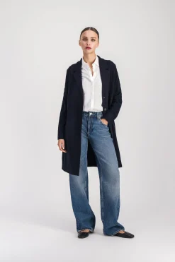 Manteau mi-long côtelé marine