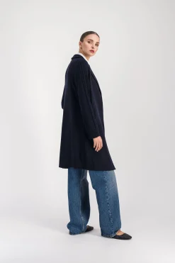 Manteau mi-long côtelé marine