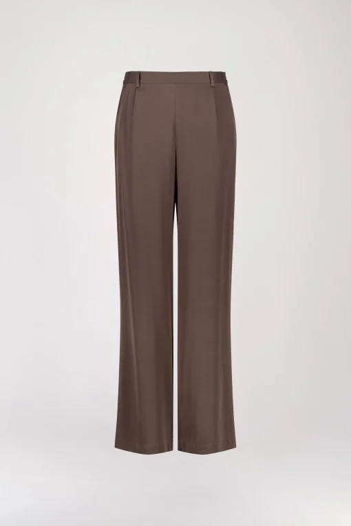 Pantalon droit en soie taupe moyen