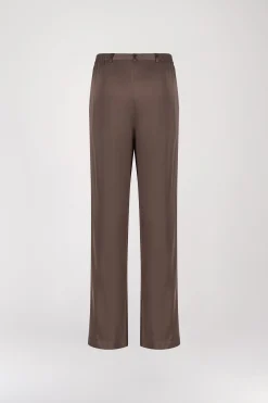 Pantalon droit en soie taupe moyen