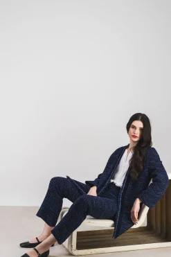 Pantalon droit en tweed marine
