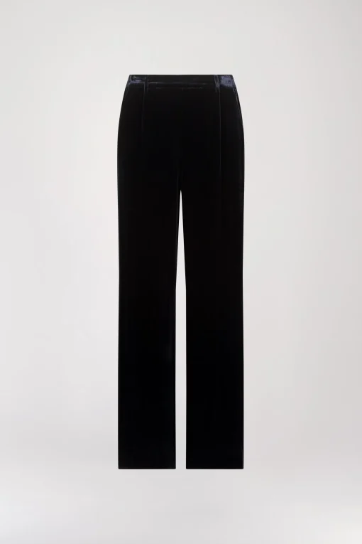 Pantalon Droit en Velours de Soie Bleu Marine