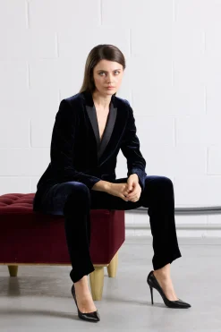 Pantalon Droit en Velours de Soie Bleu Marine