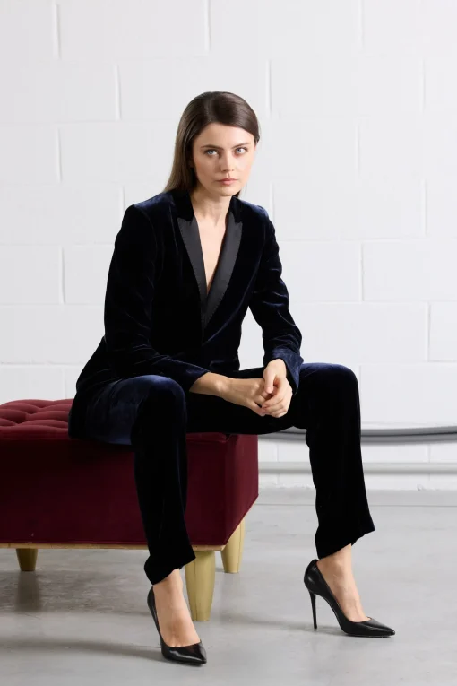 Pantalon Droit en Velours de Soie Bleu Marine