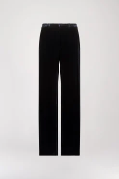 Pantalon Droit en Velours de Soie Bleu Marine