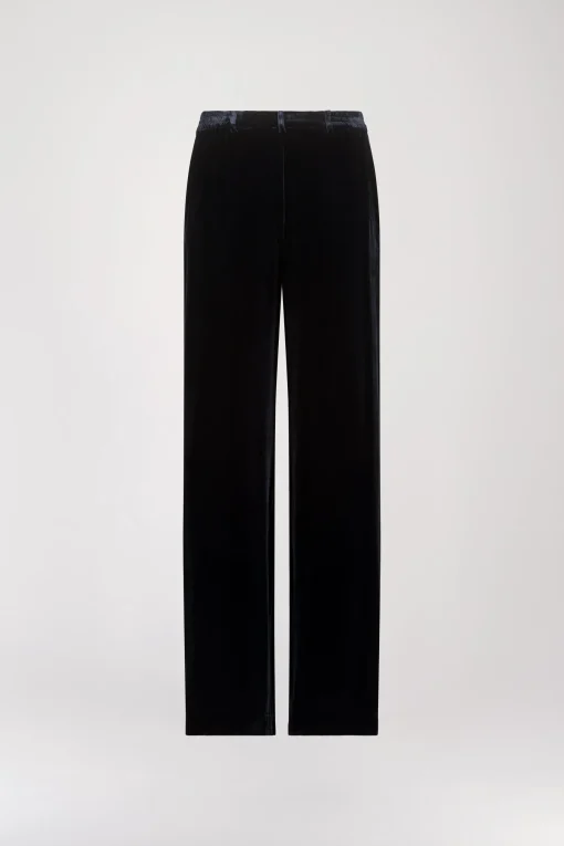 Pantalon Droit en Velours de Soie Bleu Marine