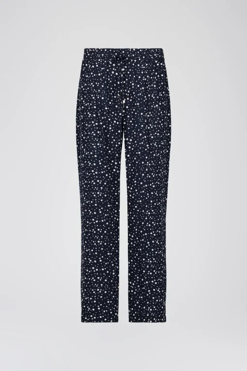 Pantalon fluide en soie marine imprimé pois