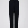 Pantalon fluide marine avec ceinture et détail cuir