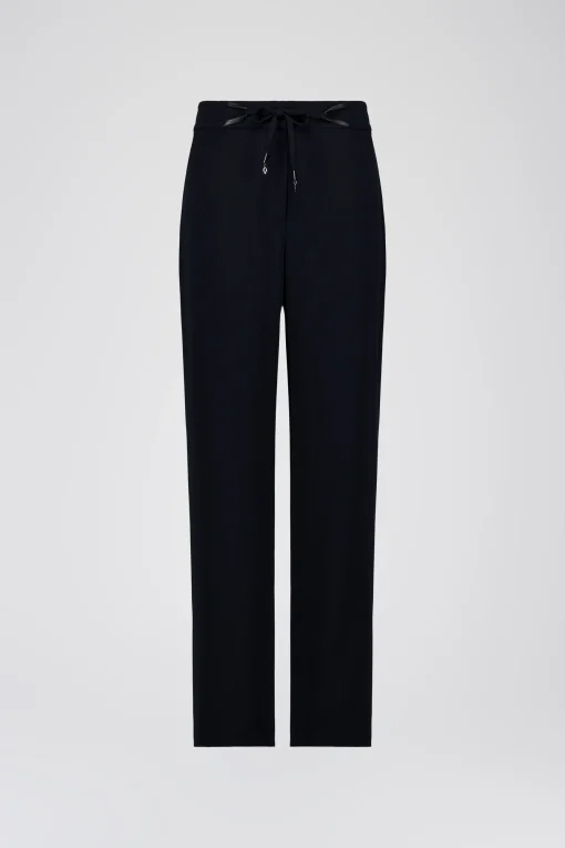 Pantalon fluide marine avec ceinture et détail cuir