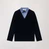 Pull Bi-matière Bleu Marine avec Col Chemise