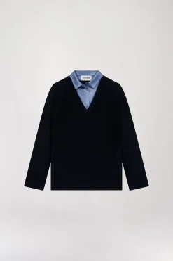 Pull Bi-matière Bleu Marine avec Col Chemise
