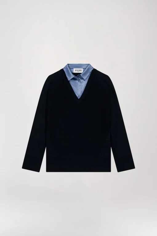 Pull Bi-matière Bleu Marine avec Col Chemise