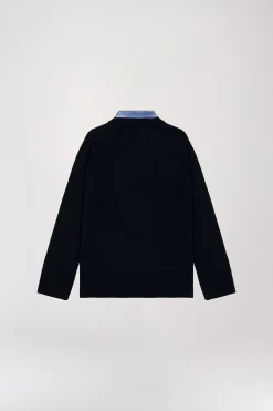 Pull Bi-matière Bleu Marine avec Col Chemise