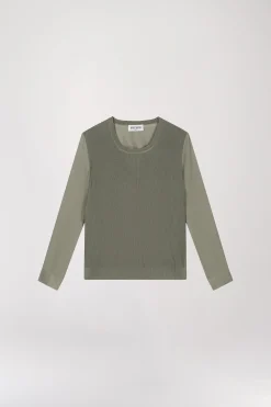 Pull bi-matière trompe-l'œil kaki