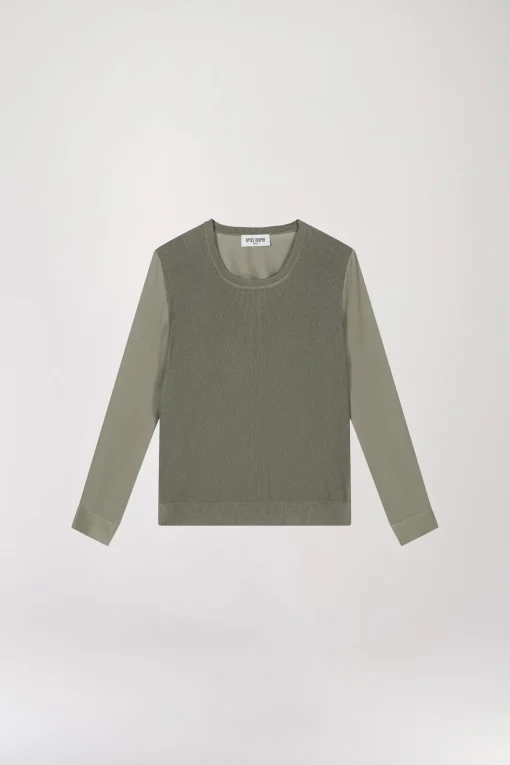 Pull bi-matière trompe-l'œil kaki