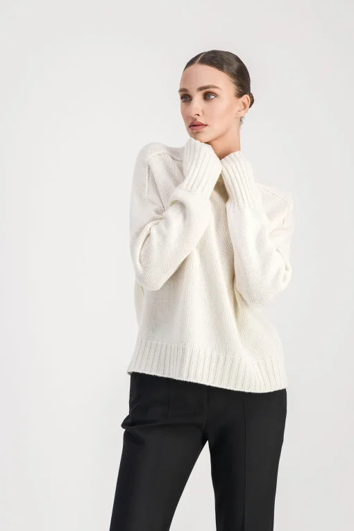 Pull Blanc Cassé à Col Rond