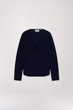 Pull Bleu Marine en Laine Mérinos à Col V