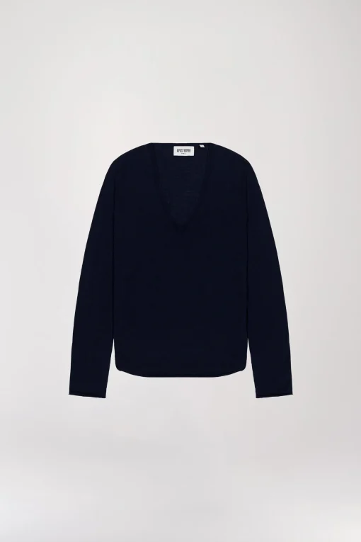 Pull Bleu Marine en Laine Mérinos à Col V