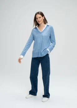 Pull chemise trompe-l'œil bleu