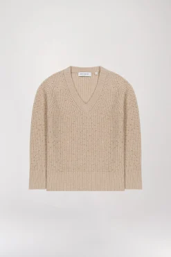 Pull col V à strass beige