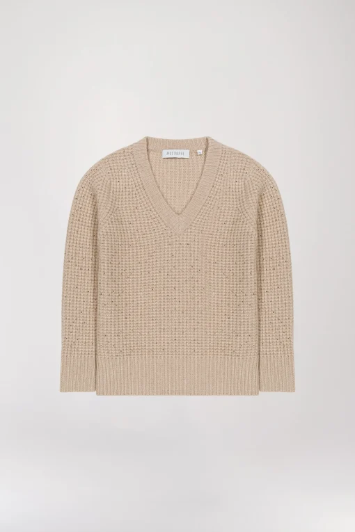 Pull col V à strass beige