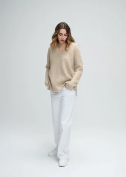 Pull col V à strass beige