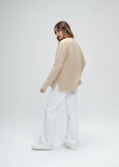 Pull col V à strass beige
