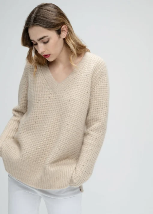 Pull col V à strass beige