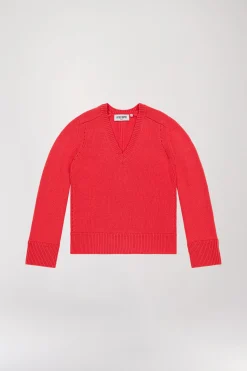 Pull col v côtelé corail
