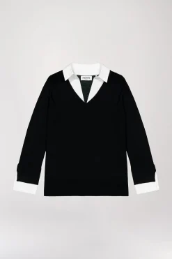 Pull col v trompe-l’œil en laine noir
