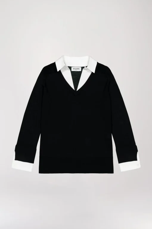 Pull col v trompe-l’œil en laine noir