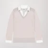 Pull col V trompe-l’œil en laine beige