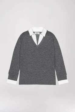 Pull col V trompe-l’œil en laine gris foncé