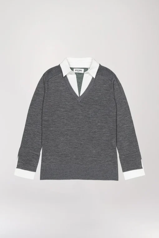 Pull col V trompe-l’œil en laine gris foncé