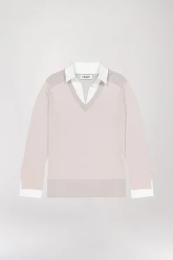 Pull col V trompe-l’œil en laine beige