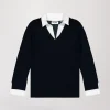 Pull col V trompe-l’œil en laine marine