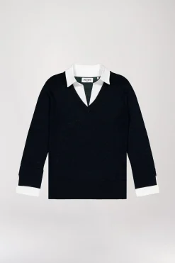 Pull col V trompe-l’œil en laine marine