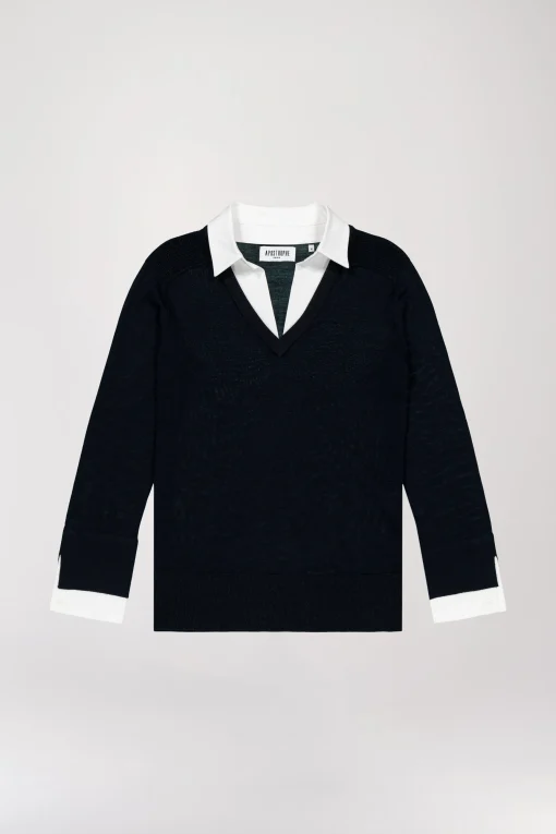 Pull col V trompe-l’œil en laine marine
