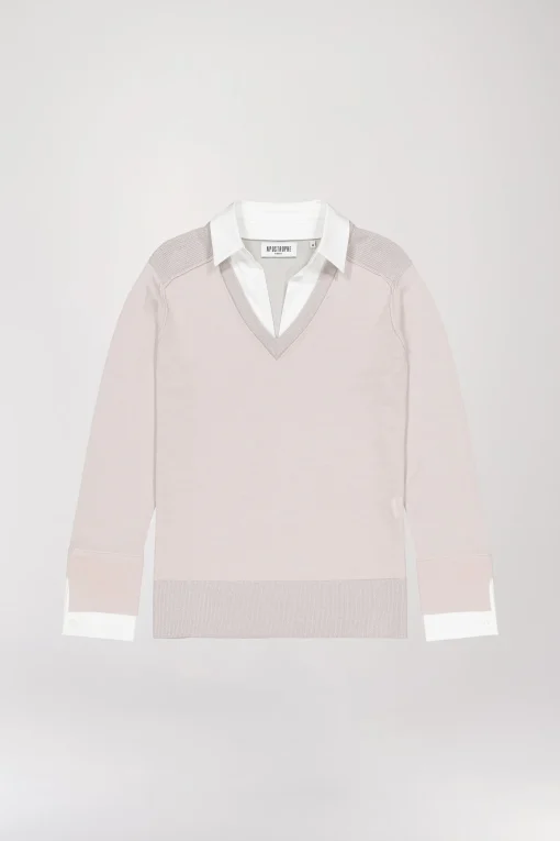 Pull col V trompe-l’œil en laine beige