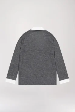 Pull col V trompe-l’œil en laine gris foncé
