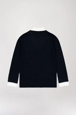 Pull col V trompe-l’œil en laine marine